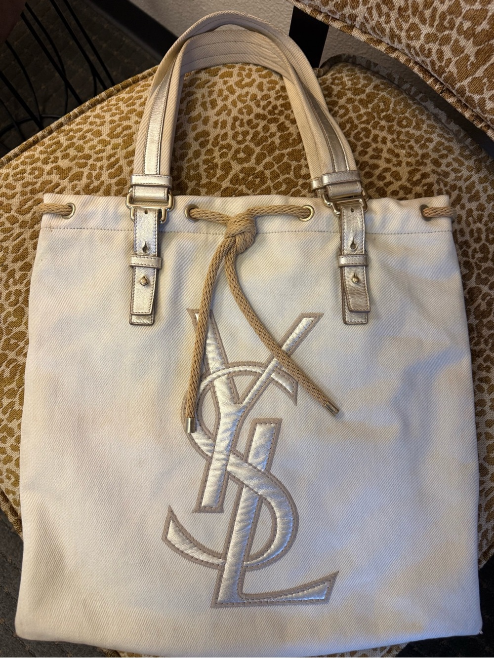 💯Auth! Saint Laurent Cream Canvas Tote with Rope Trim and Soft Metallic Accents